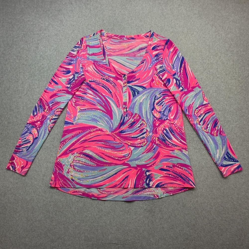 Lilly Pulitzer Sorella Long Sleeve Henley Shirt Womens Small Oh My Guava Magenta